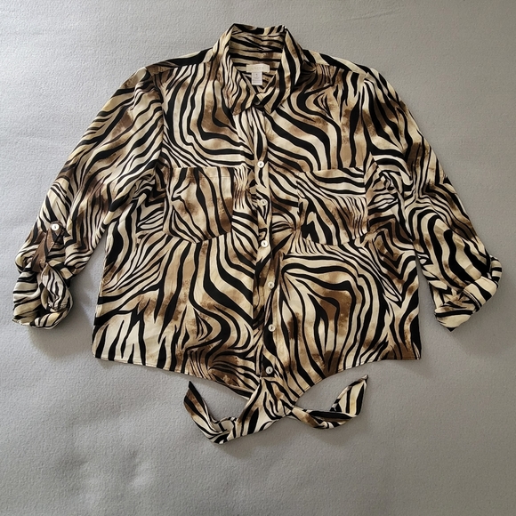 Chico's Tops - Chico's Womens White Brown Black Tiger Button Down Shirt Top Blouse Size 1